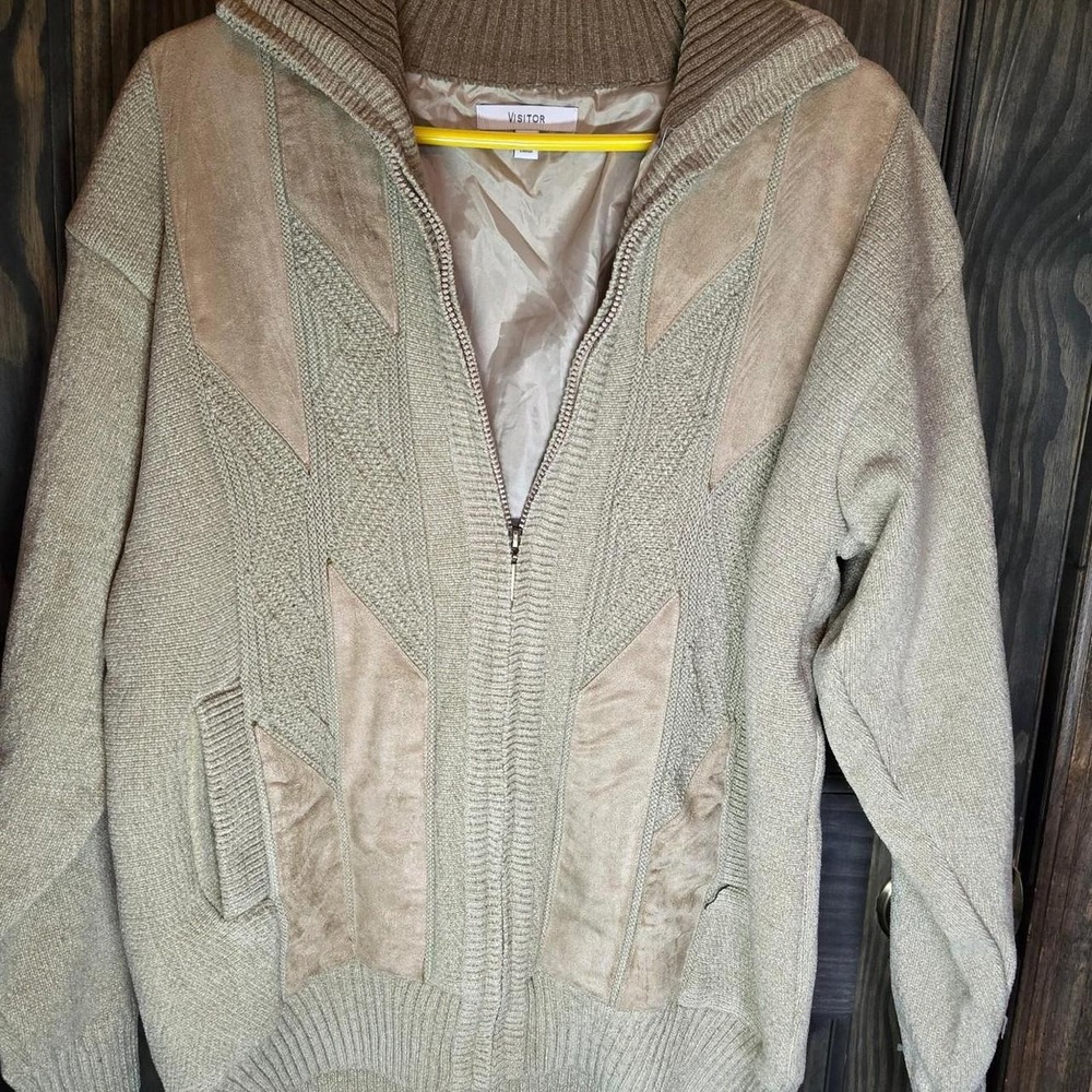 #68- Vintage Tan and cream zip-up sweater with beige suede panels